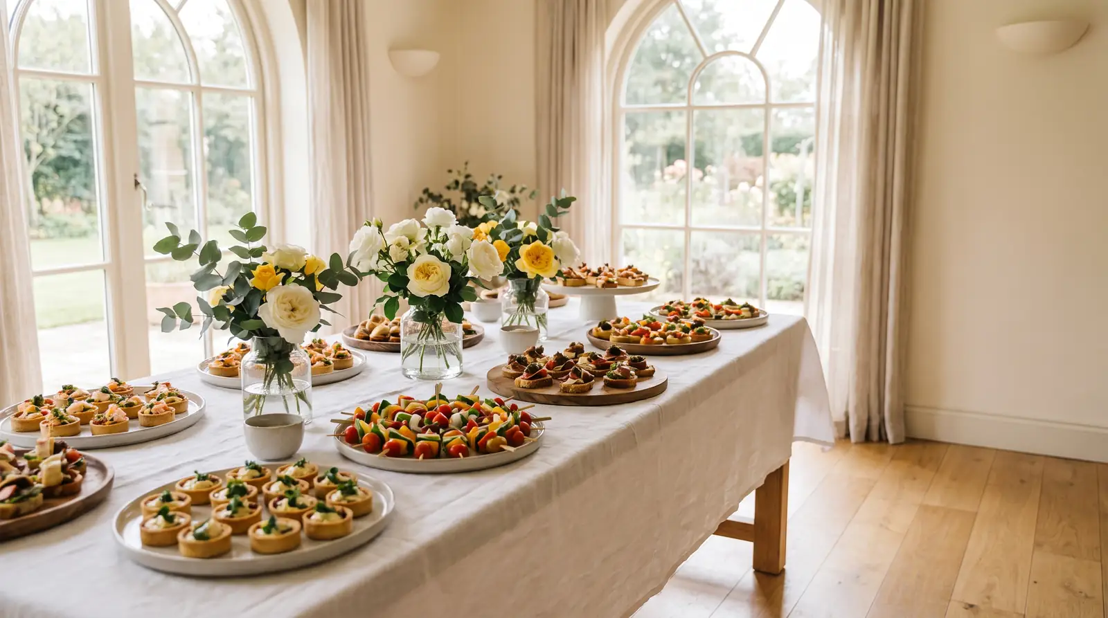 Hell gedeckter Buffettisch mit Canapés und Blumen