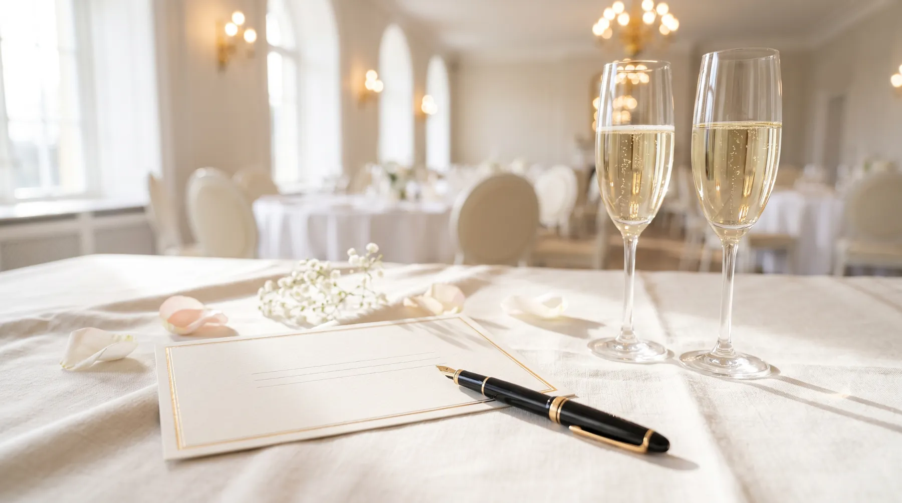 Heller Tisch mit eleganter Menükarte, Füller und Sektgläsern vor einem eingedeckten Festsaal