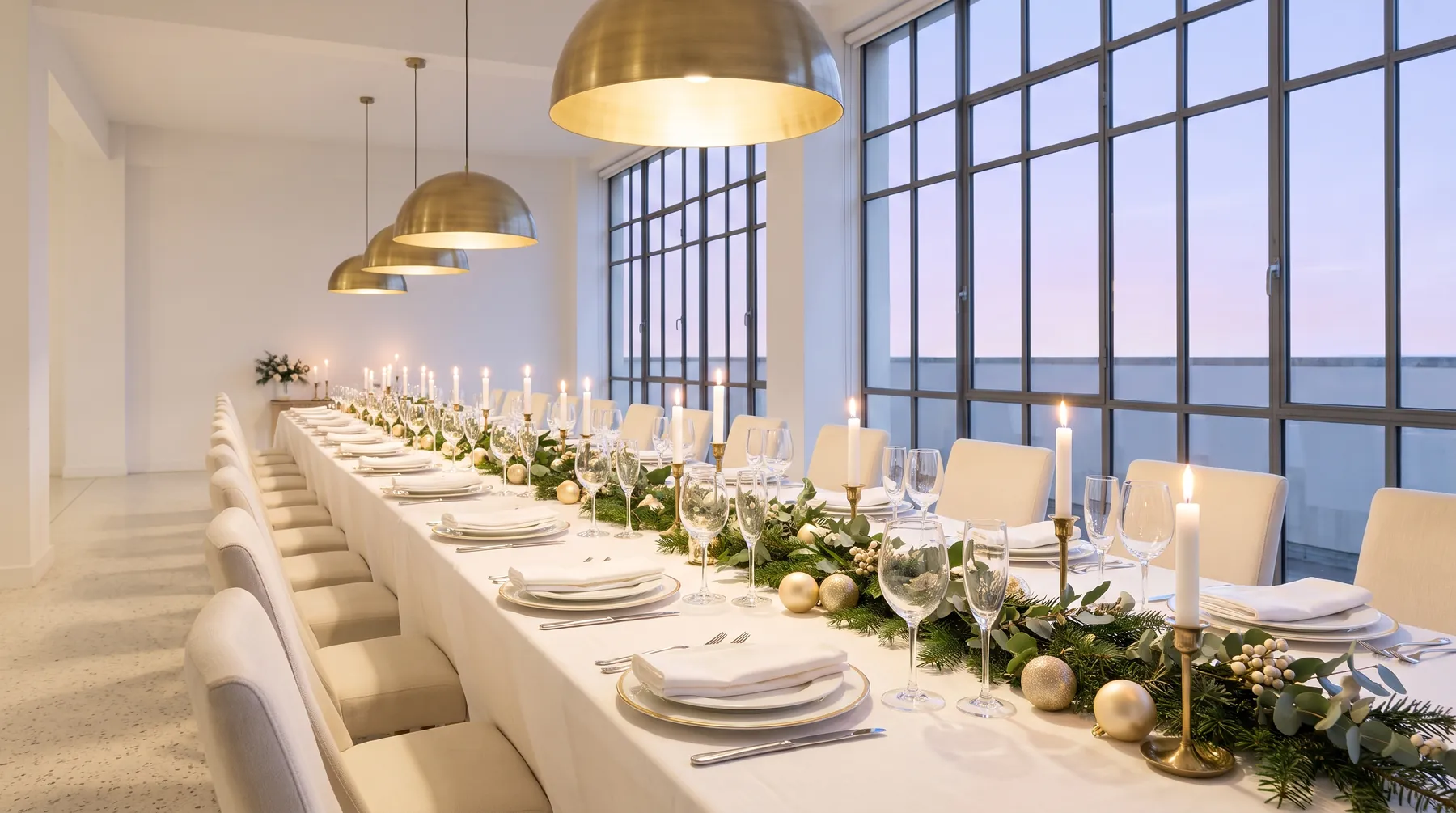 Festlich gedeckte lange Tafel mit Tannengrün und Kerzen in einer hellen Eventlocation